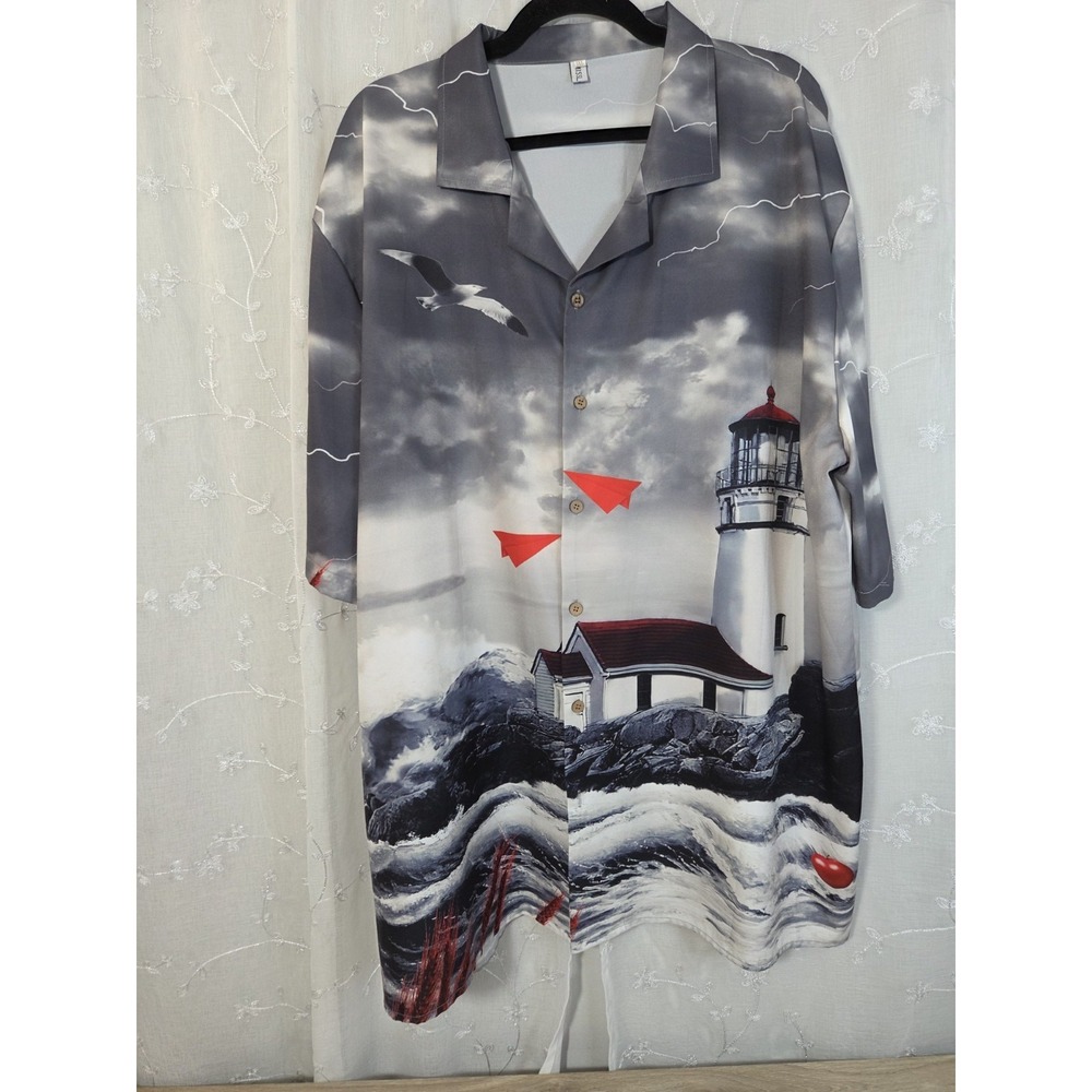 MISSLOOK Men's All Over Print Button Shirt 3XL Lighthouse Paper Airplanes Sea